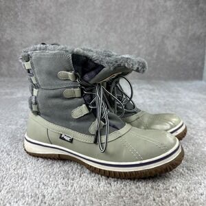 Pajar Canada Waterproof Snow Boots Iceberg Grey Tan Leather Faux Fur Women 8-8.5